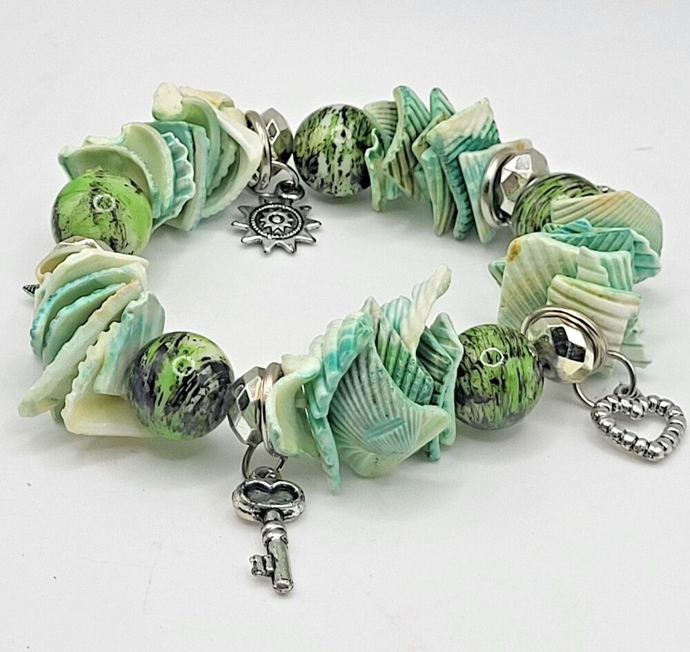 Dyed Green Shell Beach Charm Stretch 7in Chips Chunky Bohemian Coconut Girl Puka